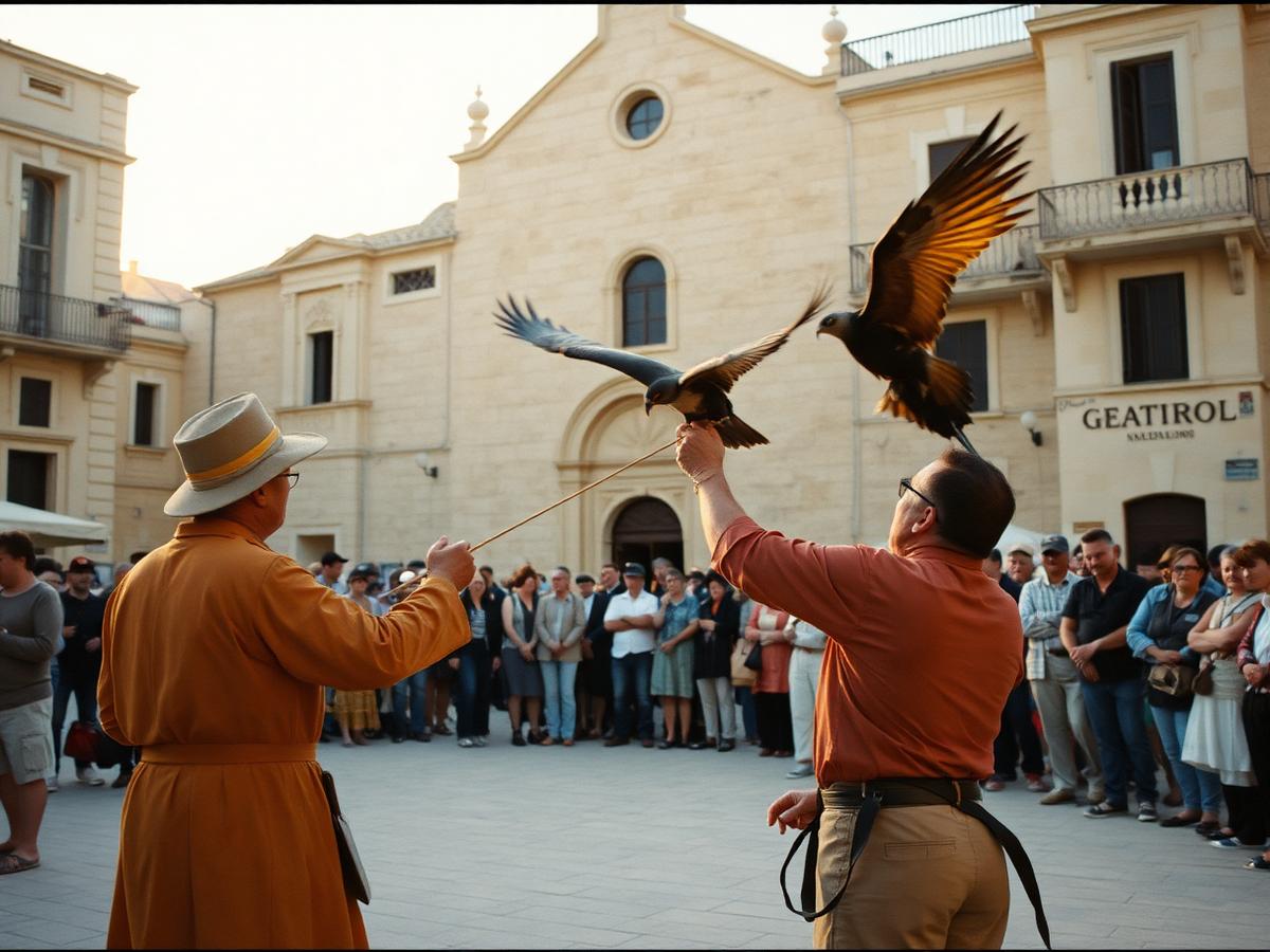 Falconry demonstration in a Maltese village square