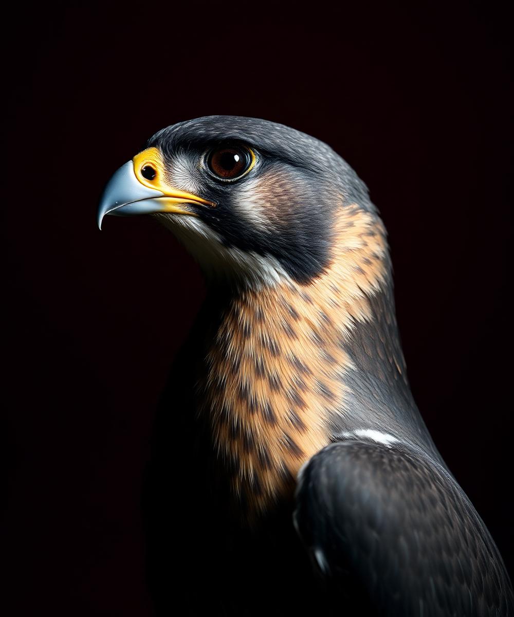 Portrait of a peregrine falcon against a dark background