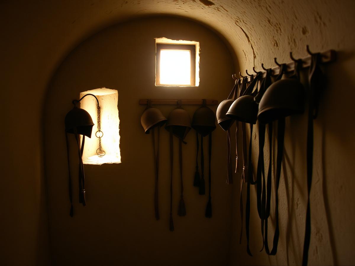 Traditional falconry mews with hand-made hoods and jesses on a peg wall